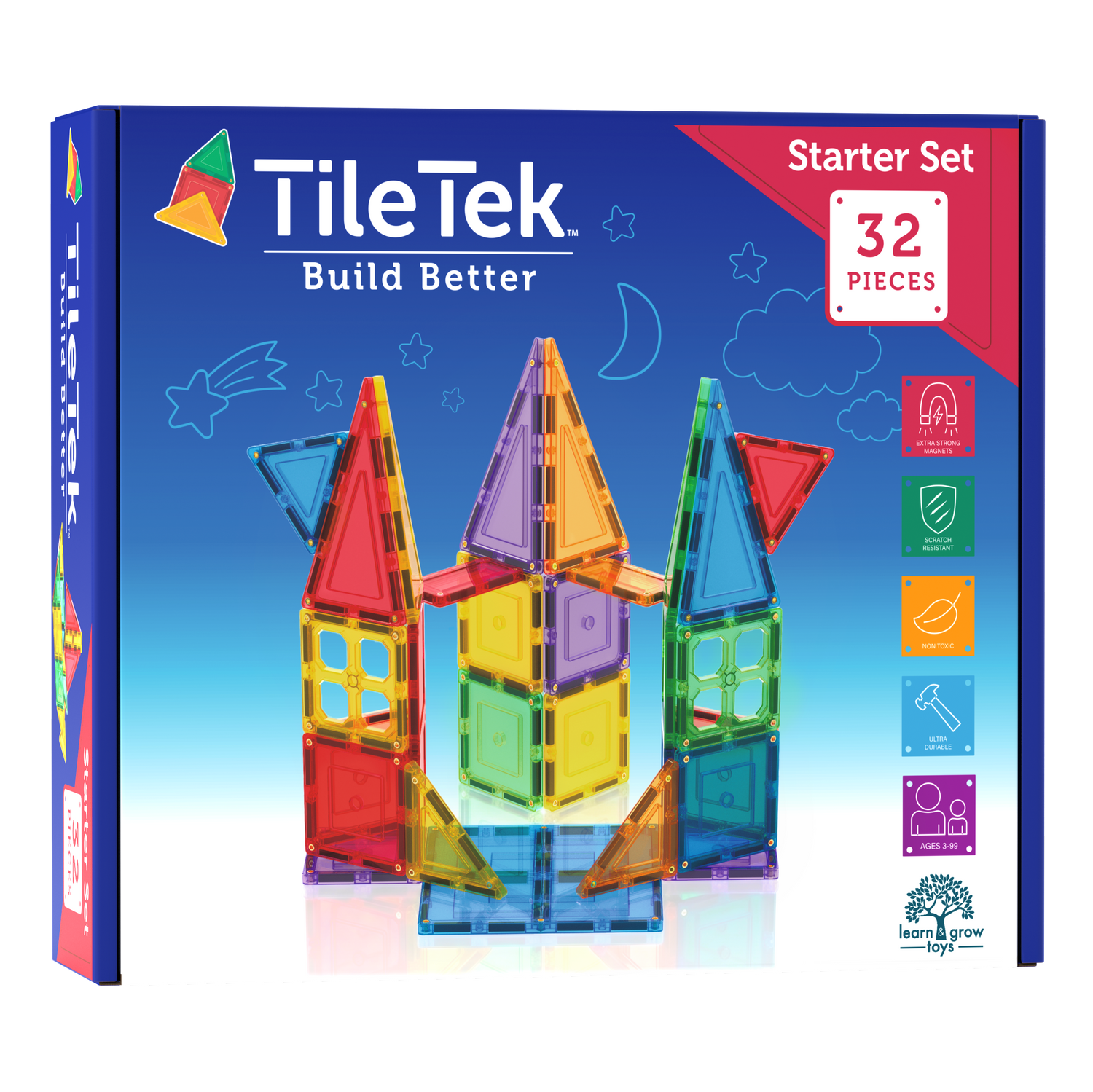 Learn & Grow Toys - Magnetic Tiles - Base Pack (64 Τεμάχια)