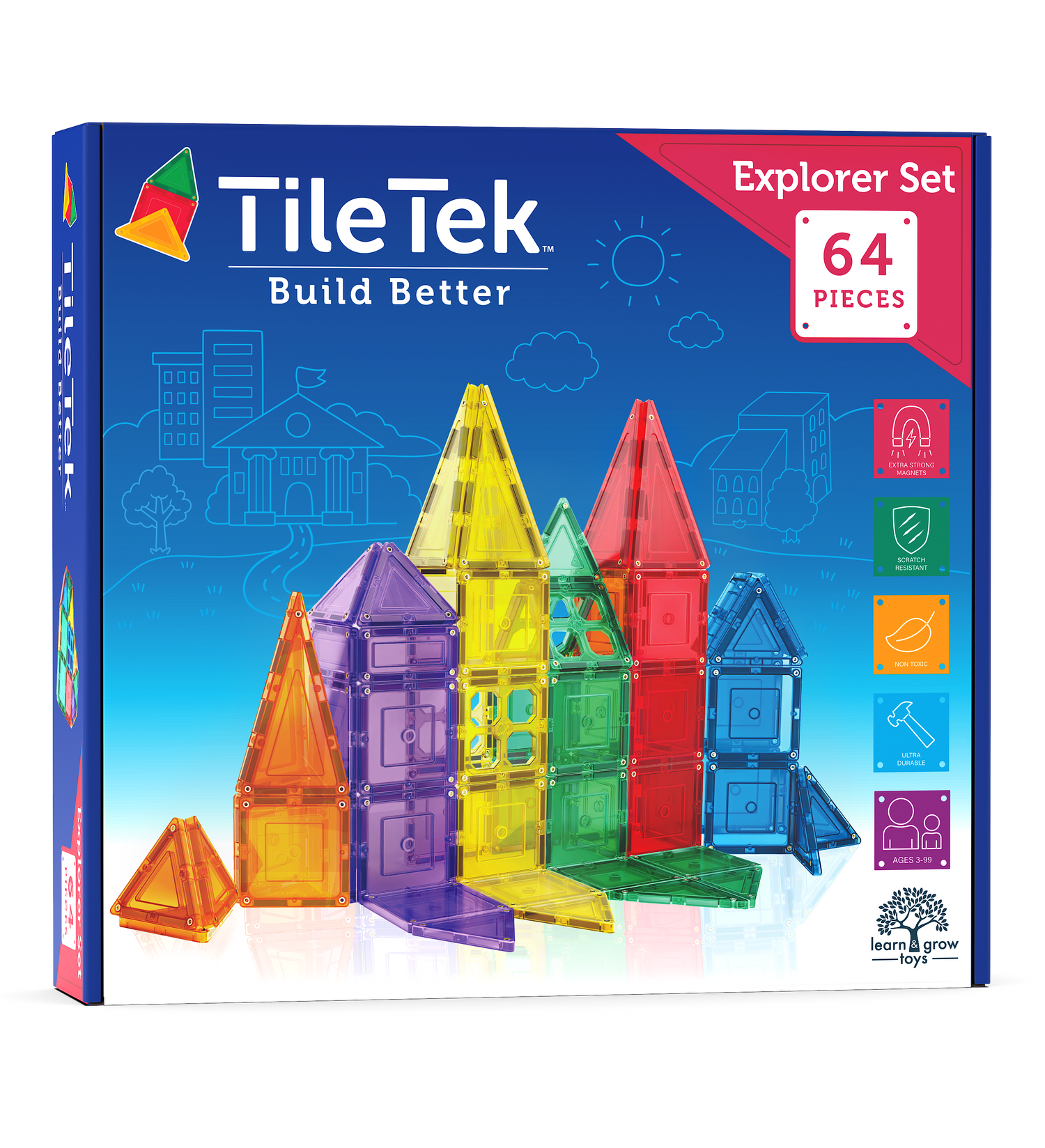 Learn & Grow Toys - Magnetic Tiles - Base Pack (64 Τεμάχια)