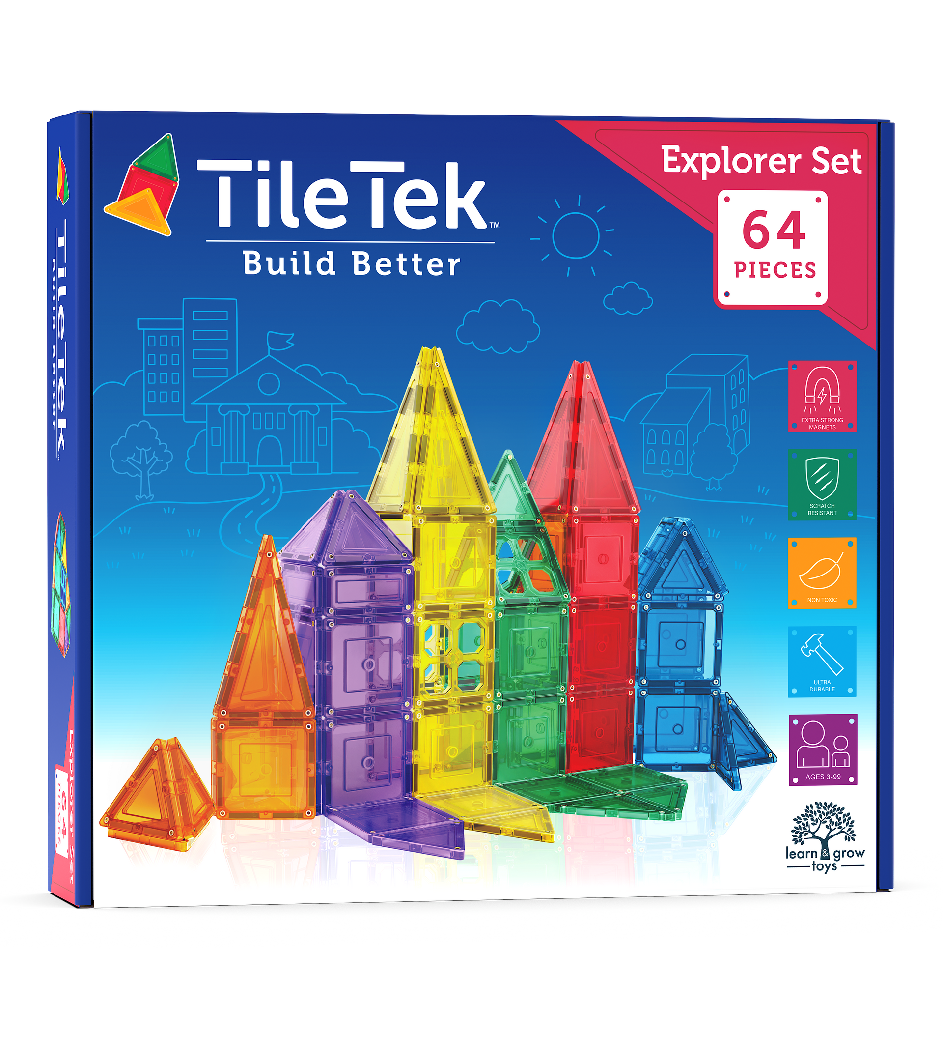 TileTek 64 Piece Explorer Set | Kids Magnetic Tiles STEM Toy