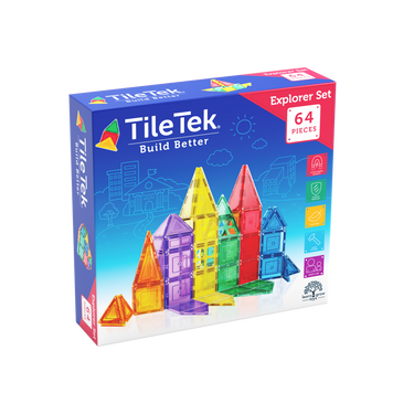 TileTek building block set packaging with colourful blocks on a white background