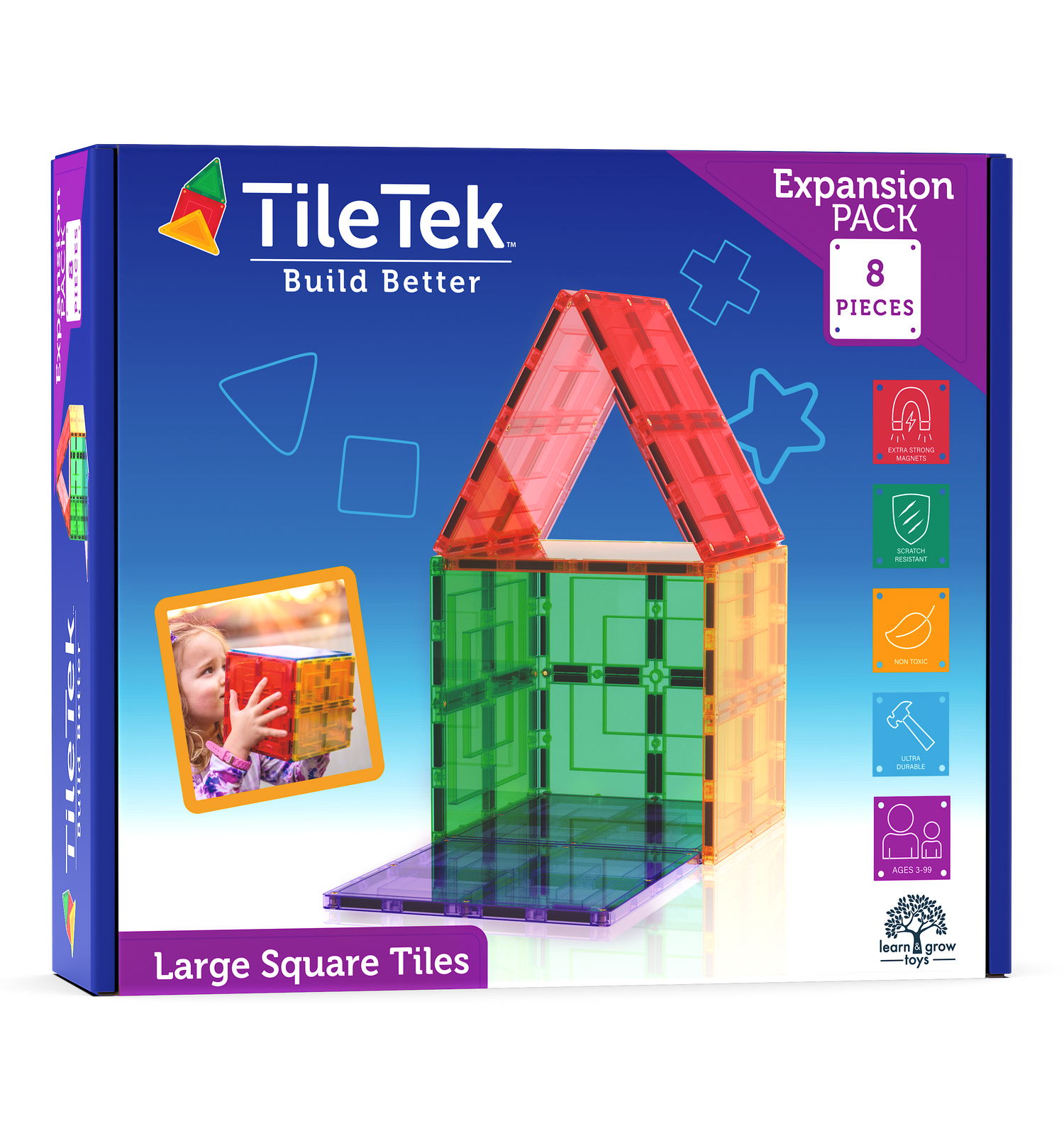 Learn & Grow Toys - Magnetic Tiles - Μεγάλη τετράγωνη συσκευασία (8 τεμάχια)