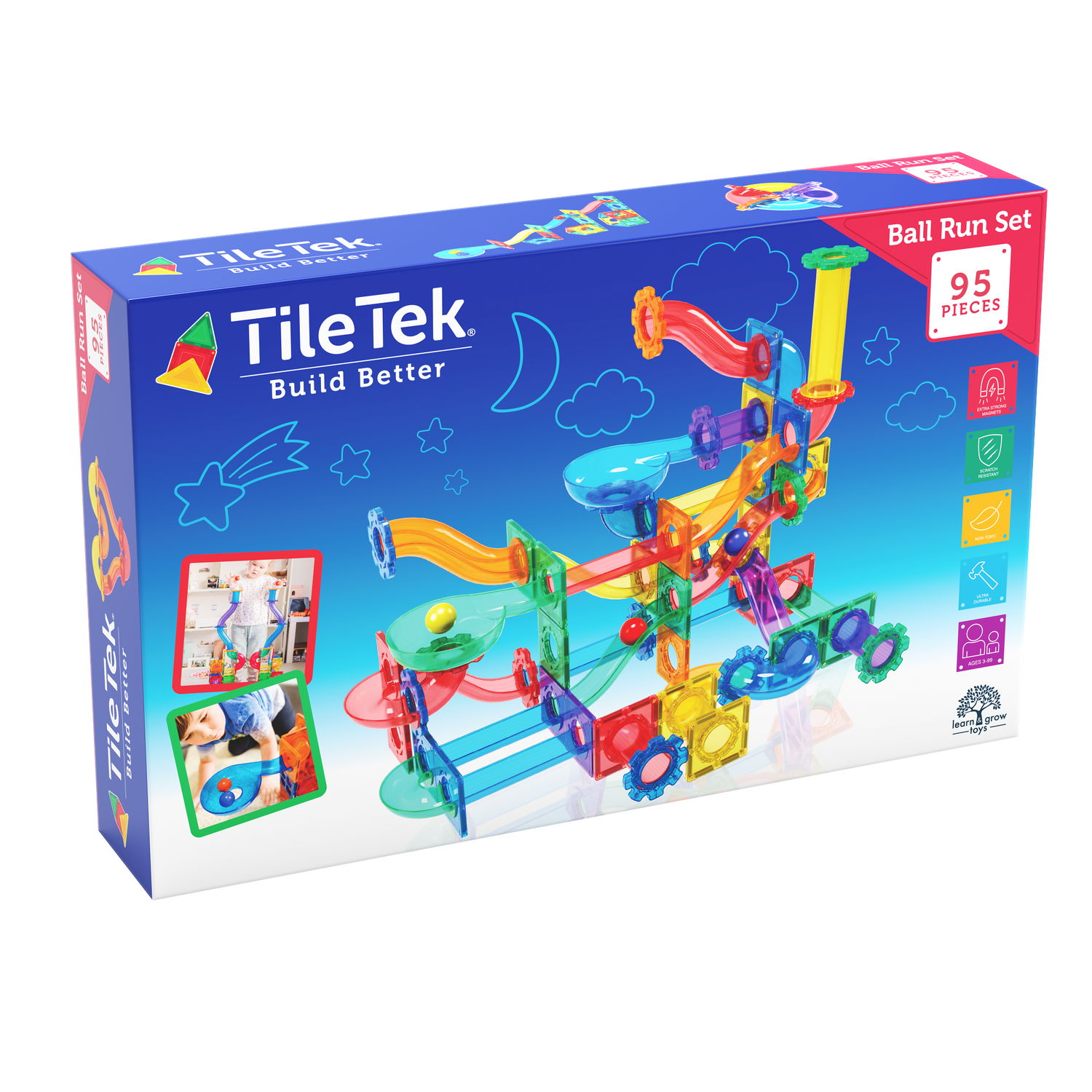 TileTek Ball Run Set packaging with colourful marble run structure on a white background