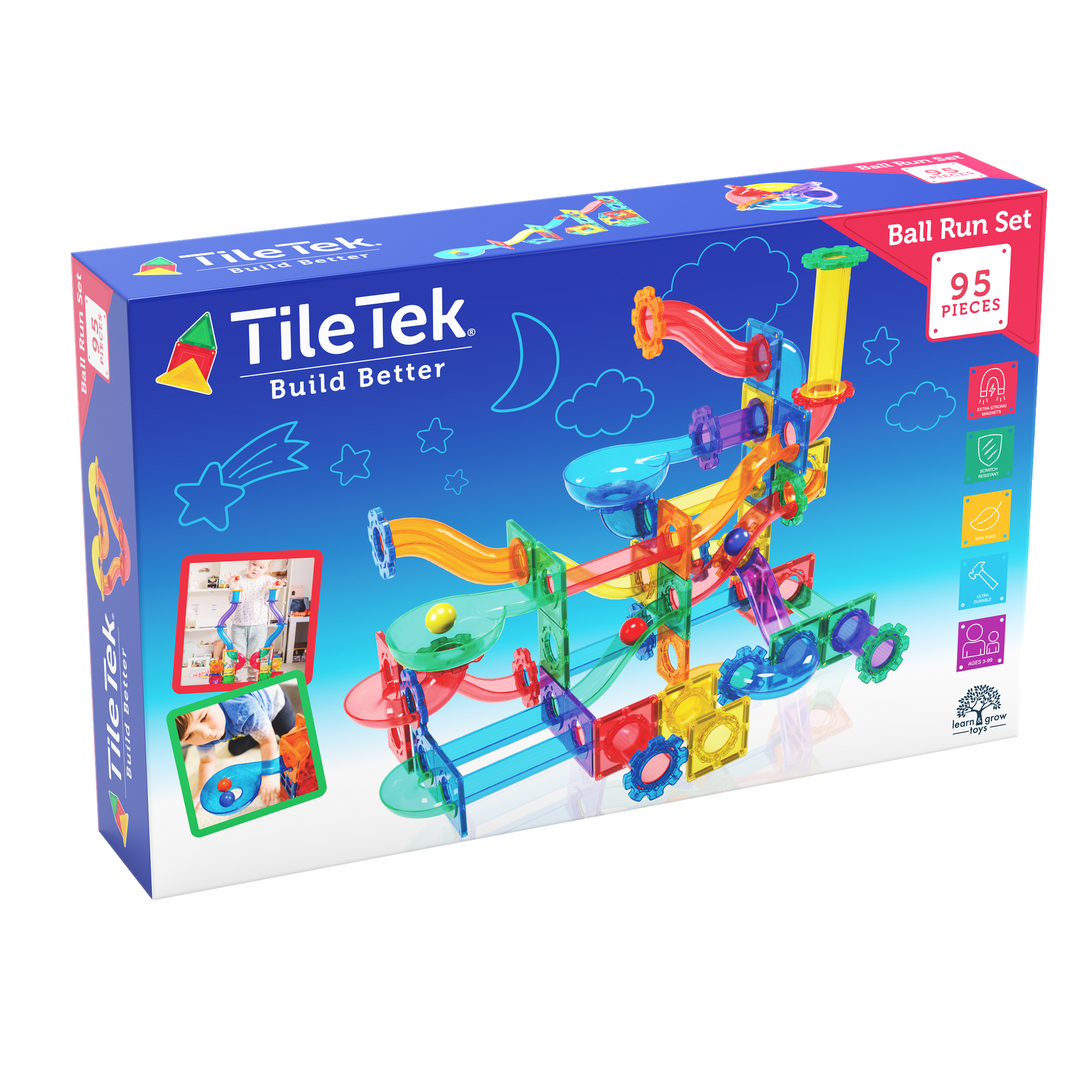 TileTek Ball Run Set packaging with colourful marble run structure on a white background