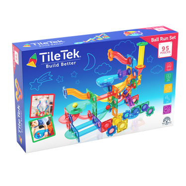 TileTek Ball Run Set packaging with colourful marble run structure on a white background