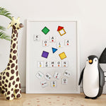 Alphabet Upper Case Pack displayed on colourful magnetic tiles on a whiteboard in a playroom with a toy giraffe and penguin